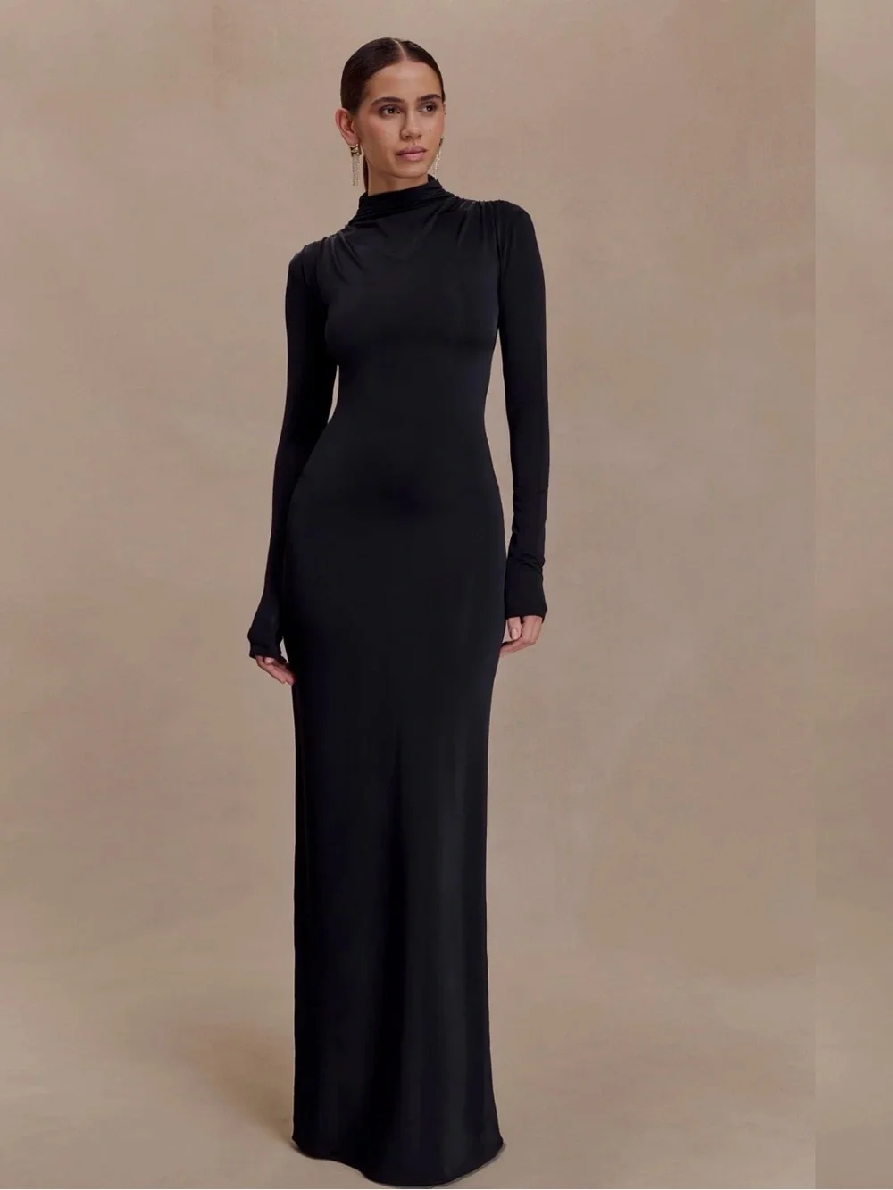 Meshki Black Long-Sleeve Backless Dress with Gold Buckle Detail - Picture 2 of 3